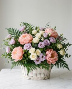 Peonia rosa, Rosellina bianca, Lisianthus Glicine, delicato