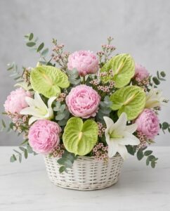 Peonia rosa, Lilium bianco, delicato