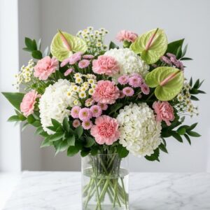 Bouquet — Garofano rosa, Ortensia bianca, Santino rosa, Anthurium Midori