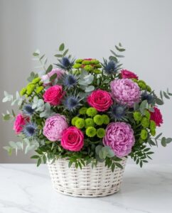 Eryngium, Santino froggy, Rosa fucsia, Peonia fucsia, Fresco