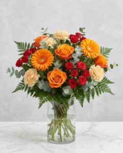 Gerbera arancione, Rosa arancione, Rosellina rossa, Garofano pesca, Iperico rosso, Solare