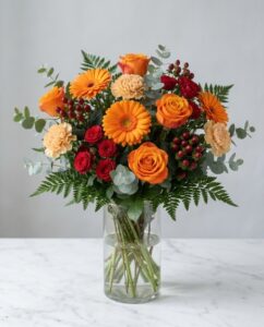 Gerbera arancione, Rosa arancione, Rosellina rossa, Garofano pesca, Iperico rosso, Solare