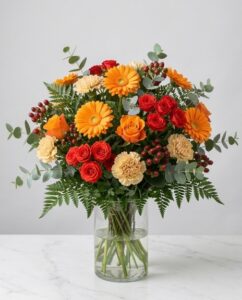 Gerbera arancione, Rosa arancione, Rosellina rossa, Garofano pesca, Iperico rosso, Solare
